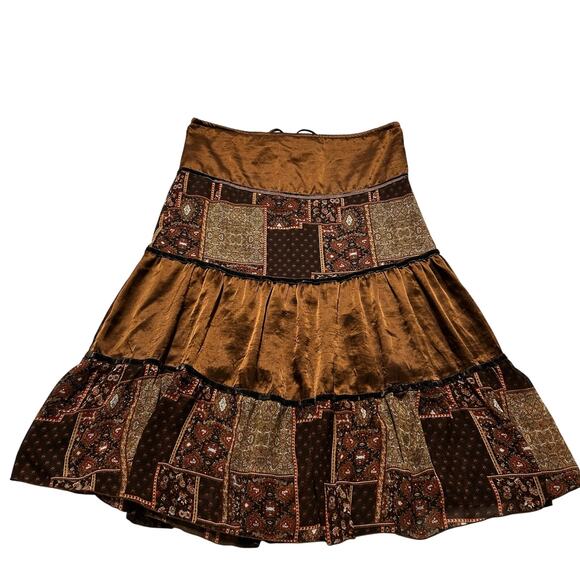 Miss Me Brown Patchwork Vintage Maxi Skirt Paisley Satin Size Small - Picture 2 of 11